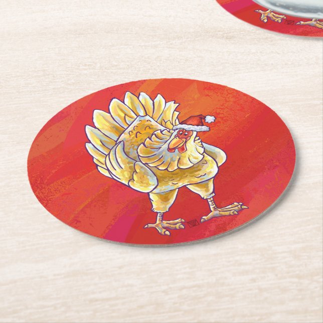 Chicken Christmas On Red Round Paper Coaster (Angled)