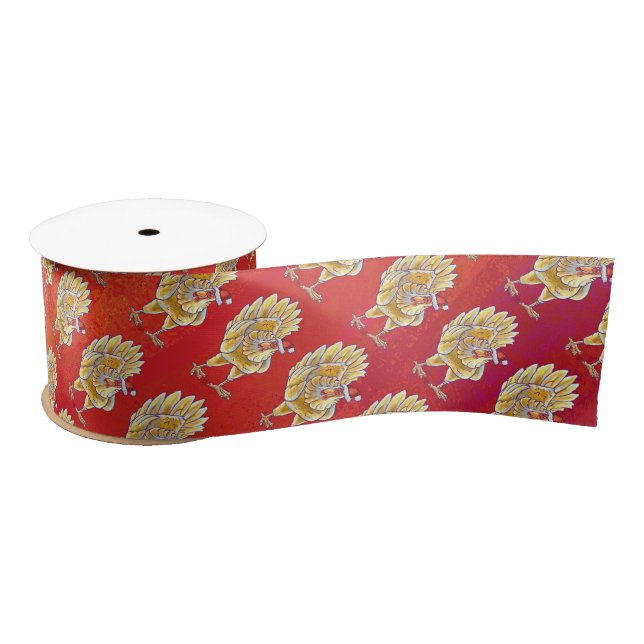 Chicken Christmas On Red Satin Ribbon (Spool)