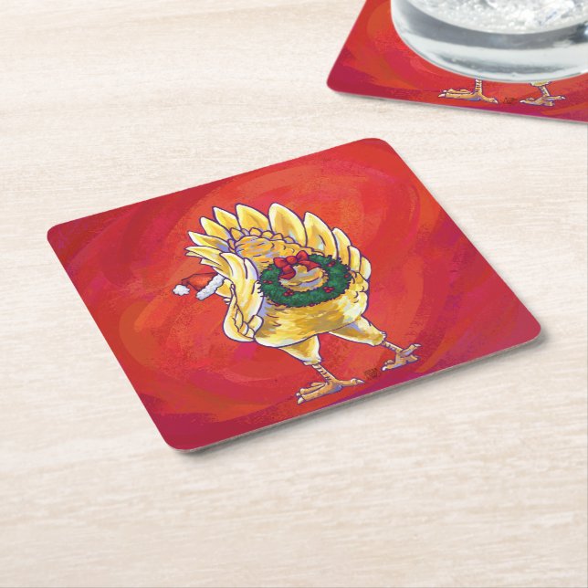 Chicken Christmas On Red Square Paper Coaster (Angled)
