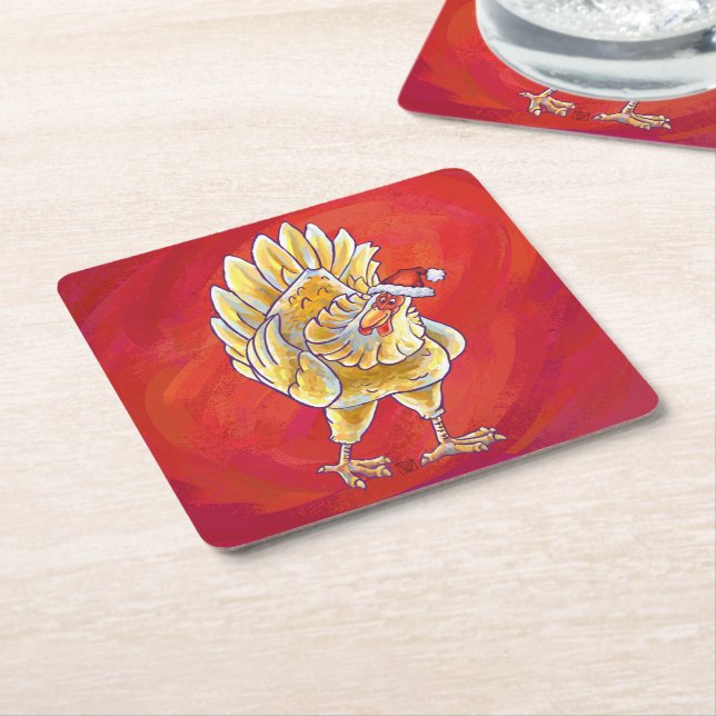 Chicken Christmas On Red Square Paper Coaster (Angled)
