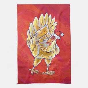 Chicken Christmas On Red Tea Towel