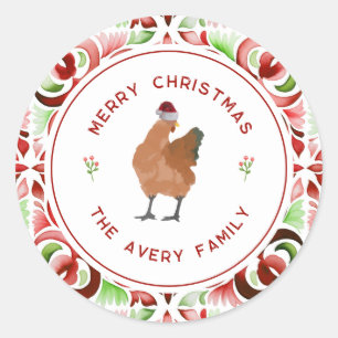 Chicken Christmas Red & Green Watercolor Classic Round Sticker