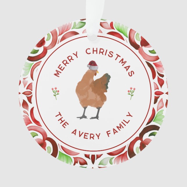 Chicken Christmas Red & Green Watercolor Ornament (Front)