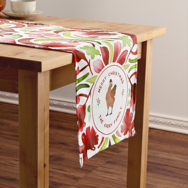 Chicken Christmas Red & Green Watercolor Short Table Runner (In Situ)