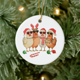 Chicken Christmas Santa Hat Farm Family Xmas Ceramic Tree Decoration