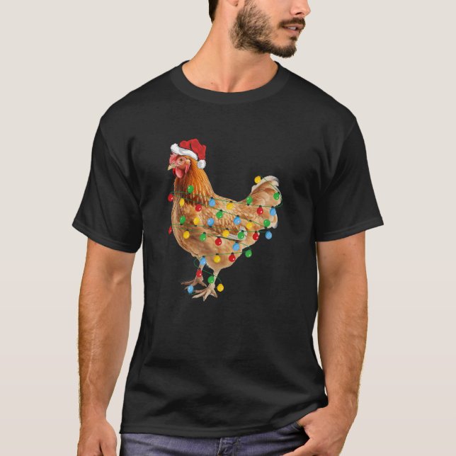 Chicken Christmas Santa Hat Lights Funny Chicken L T-Shirt (Front)
