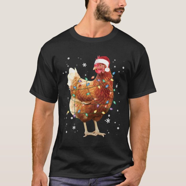 Chicken Christmas Tree Lights Santa Hat Funny Xmas T-Shirt (Front)