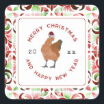 Chicken Christmas Watercolor Square Sticker<br><div class="desc">Illustration of a chicken wearing a santa hat. Border is red and green watercolor floral tile pattern design.</div>
