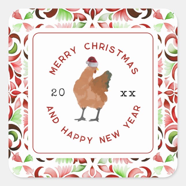 Chicken Christmas Watercolor Square Sticker (Front)