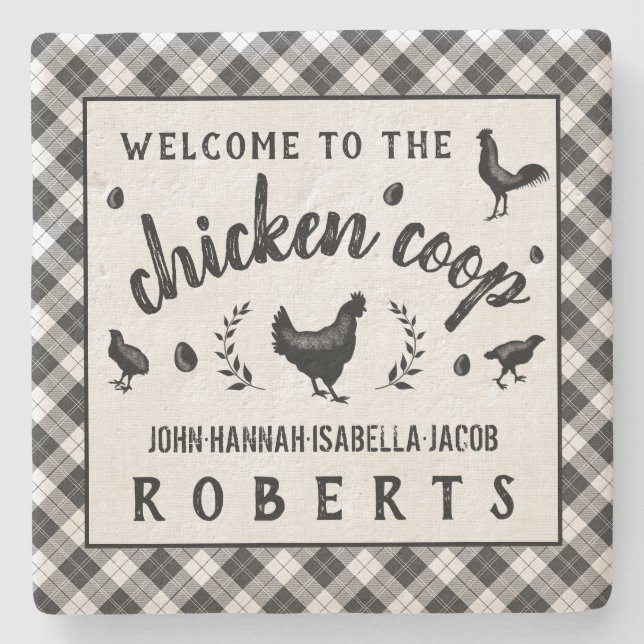 Chicken Coop Hen Black Buffalo Check Plaid Country Stone Coaster (Front)