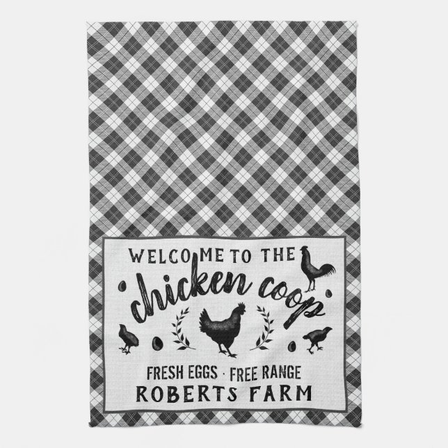 Chicken Coop Hen Black Buffalo Check Plaid Country Tea Towel (Vertical)