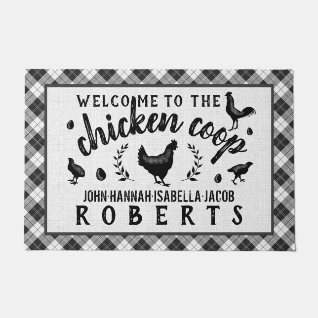 Chicken Coop Hen Black Buffalo Check Plaid Large Doormat (Front)