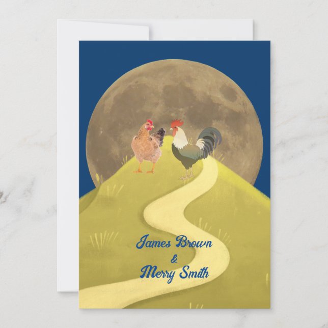 Chicken Couple in Love Hill Moon Wedding Invitation (Front)