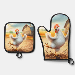 Chicken Dancing In Barnyard Oven Mitt & Pot Holder Set