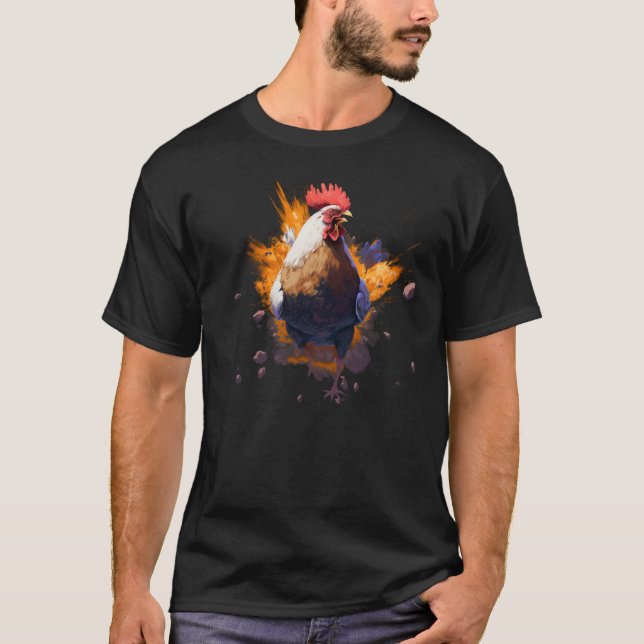 Chicken Dramatic Action Explosion Scene Chicken T-Shirt (Front)