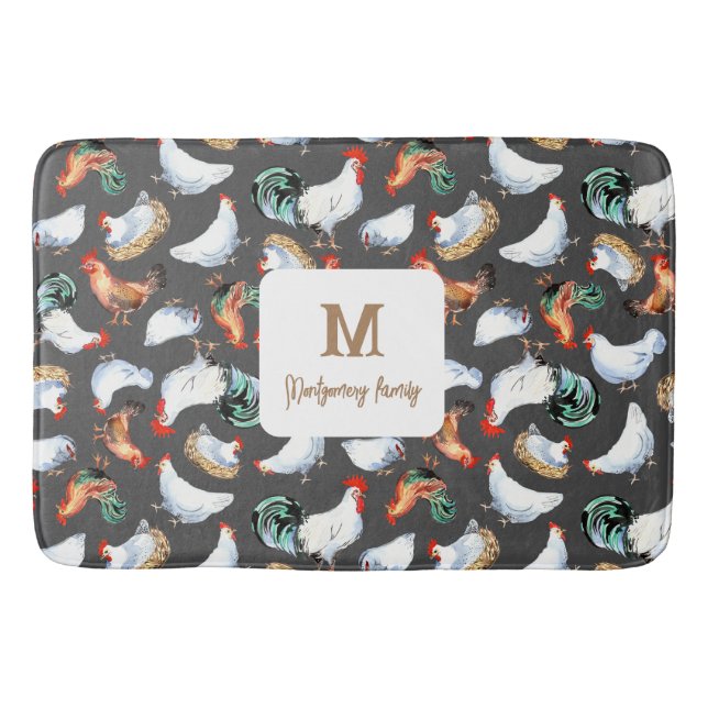 Chicken Family Farmhouse Monogram Bath Mat (Front)