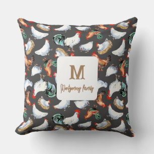 Chicken Family Farmhouse Monogram Cushion