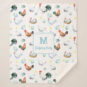 Chicken Family Farmhouse Monogram Sherpa Blanket
