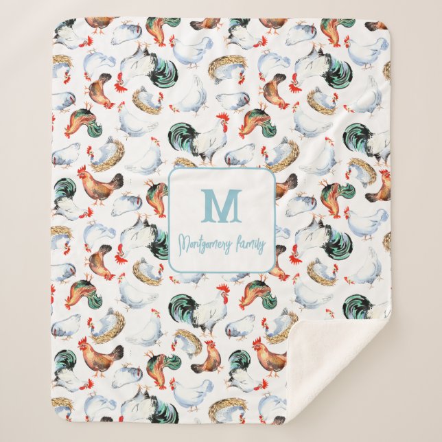 Chicken Family Farmhouse Monogram Sherpa Blanket (Front)