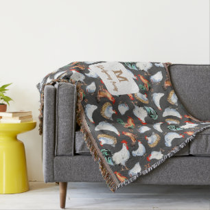 Chicken Family Farmhouse Monogram Throw Blanket