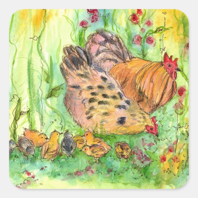 Chicken Family Watercolor Bird Farm Animal Square Sticker (Front)