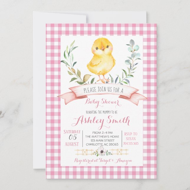 chicken farm baby shower invitation pink girl (Front)