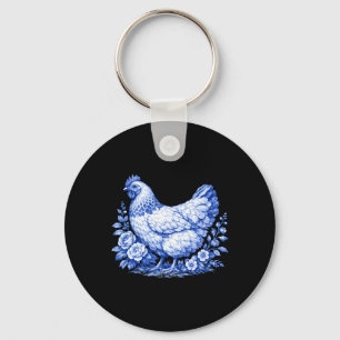 Chicken Floral Blue Toile De Jouy Cute Chicken Far Key Ring