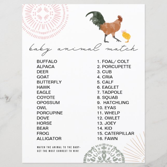 Chicken Girl Baby Shower Animal Match Game (Front)