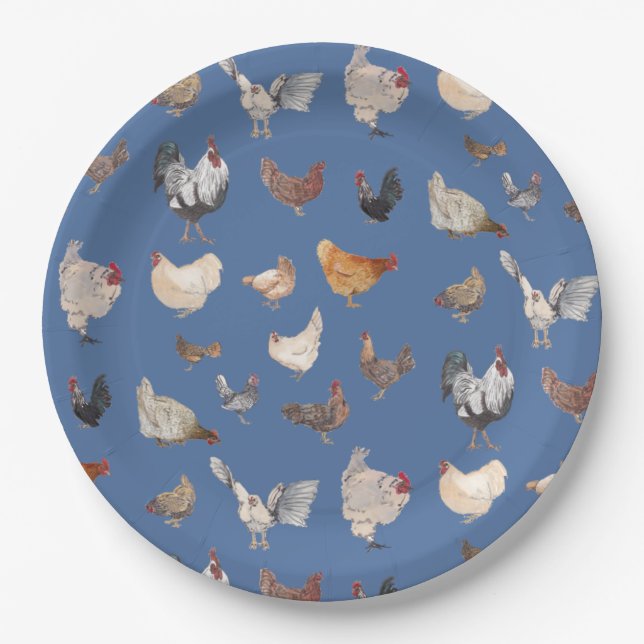 Chicken Happy pattern on Denim Blue Paper Plate (Front)