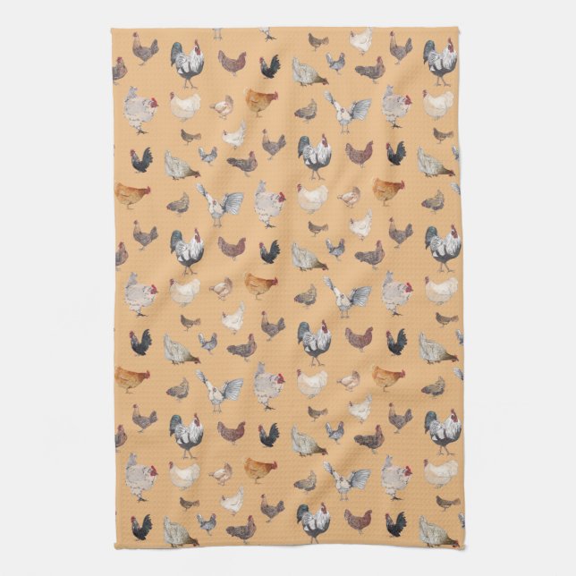 Chicken Happy pattern on peach Tea Towel (Vertical)