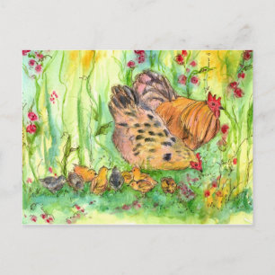 Chicken Hen Family Bird Watercolor Painting Postcard