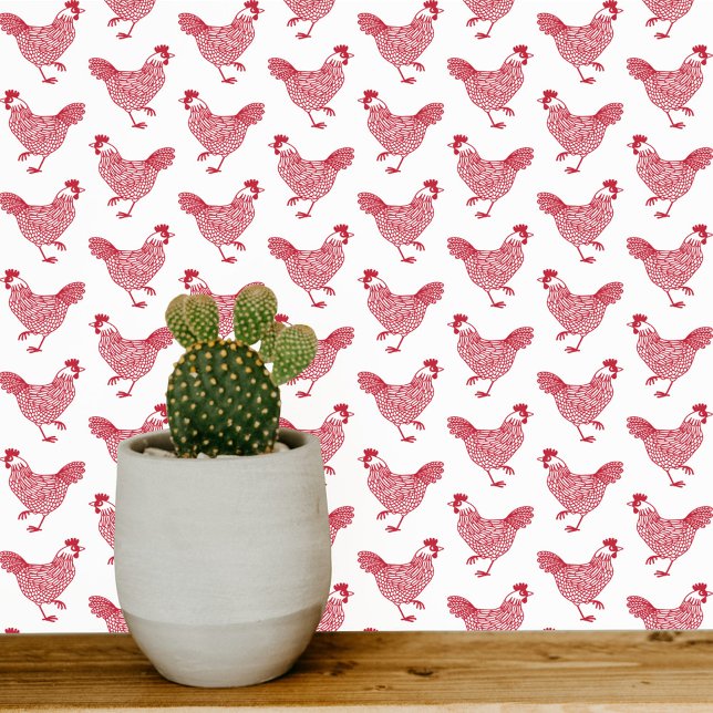 Chicken Hen Farm Country Red White Wallpaper (Chicken Hen red and white farmhouse wallpaper)