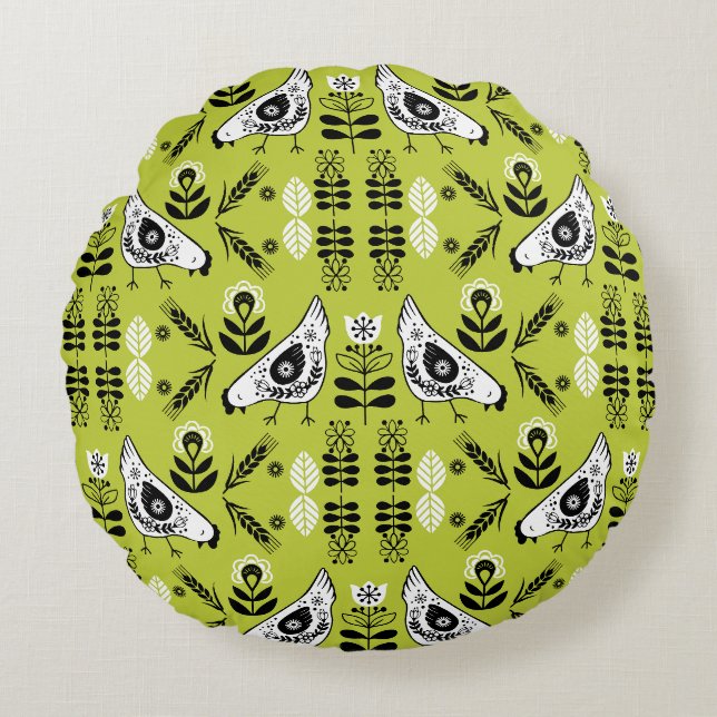 Chicken Hen Folk Art Round Cushion (Front)