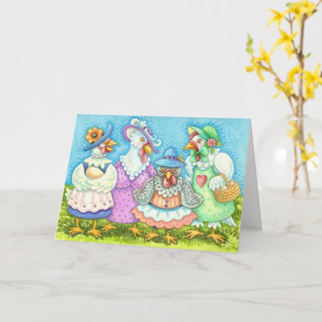 CHICKEN HEN PARTY, COUNTRY FEATHERED FRIENDS Blank Card (Yellow Flower)