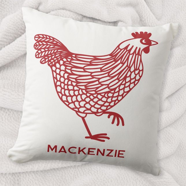 Chicken Hen Poultry Personalised Red and White Cushion (Personalized name red chicken hen poultry farmhouse throw pillow)