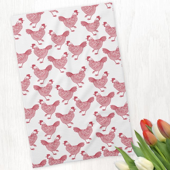 Chicken Hen Tea Towel (Chicken Hen pattern red and white kitchen towel)