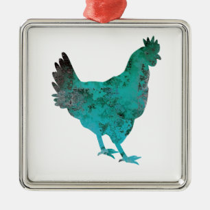 Chicken Hen Teal Blue on White Background Metal Tree Decoration