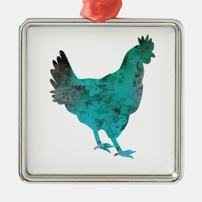 Chicken Hen Teal Blue on White Background Metal Tree Decoration (Front)
