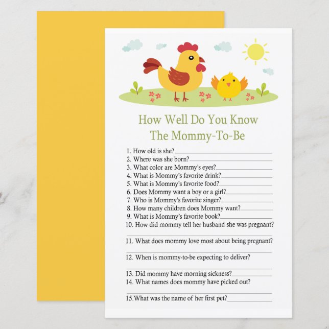 Chicken How well do you know baby shower game (Front/Back)