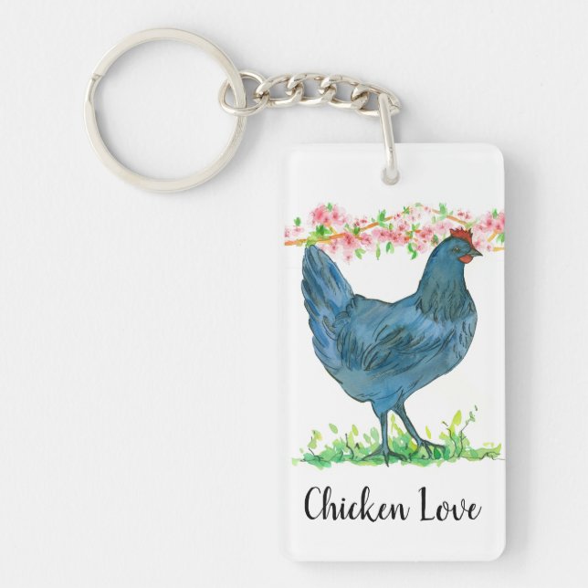 Chicken Love Peach Blossom Watercolor Key Ring (Front)