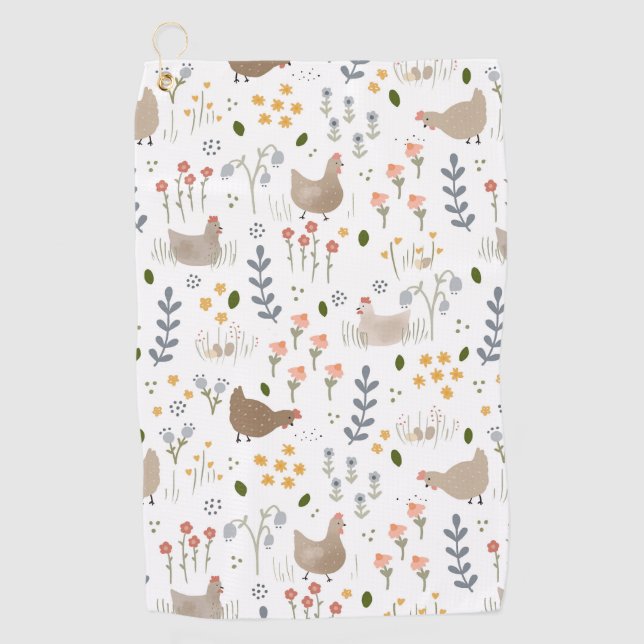 Chicken Lovers Farmyard Animal Pretty Floral Golf Towel (Front)