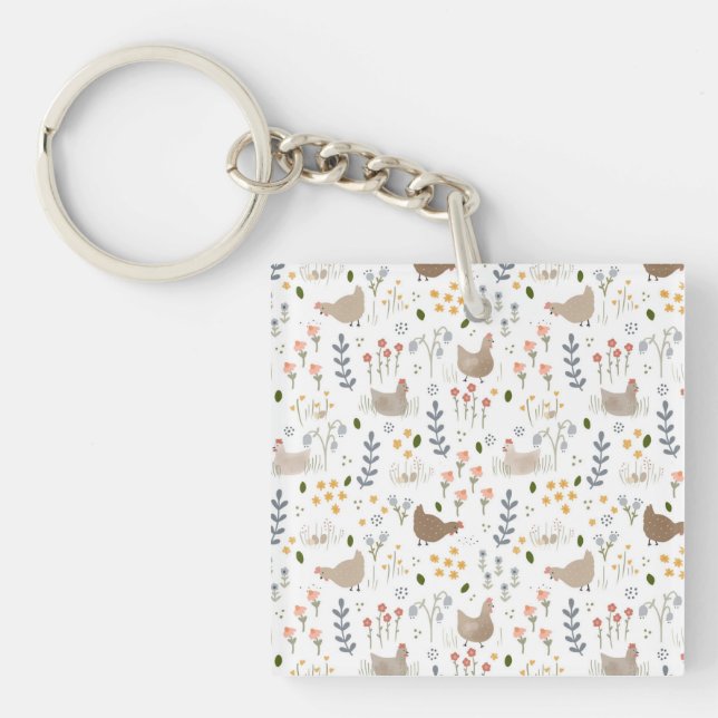 Chicken Lovers Farmyard Animal Pretty Floral Key Ring (Front)