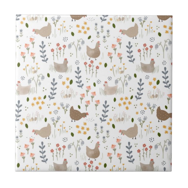 Chicken Lovers Farmyard Animal Pretty Floral Tile (Front)