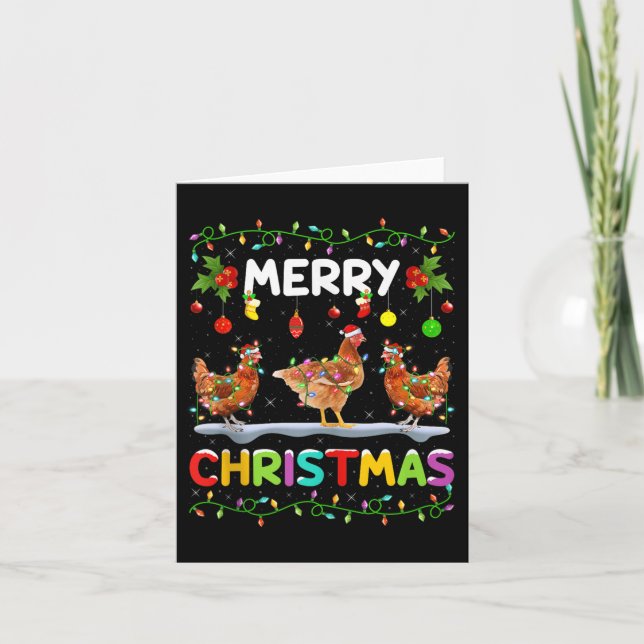 Chicken Merry Christmas Lights Santa Hat Funny Chi Card (Front)