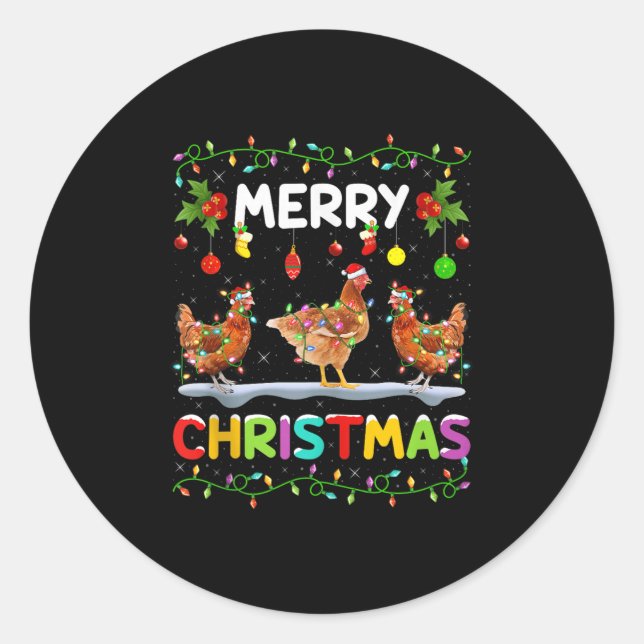 Chicken Merry Christmas Lights Santa Hat Funny Chi Classic Round Sticker (Front)