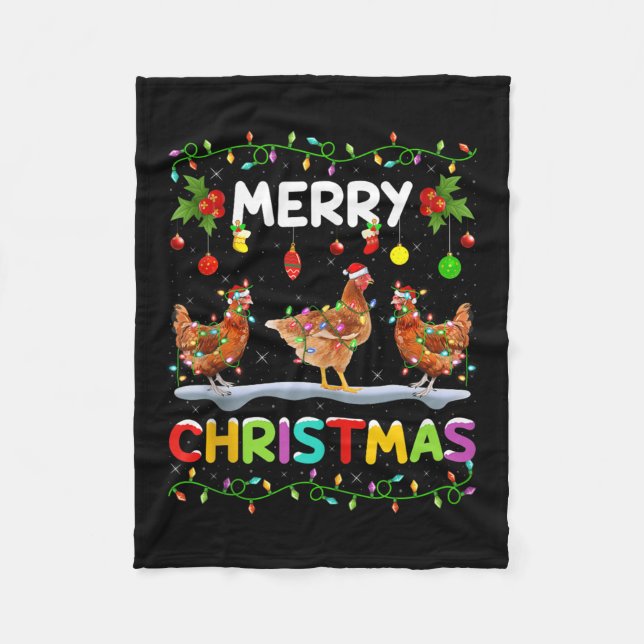 Chicken Merry Christmas Lights Santa Hat Funny Chi Fleece Blanket (Front)