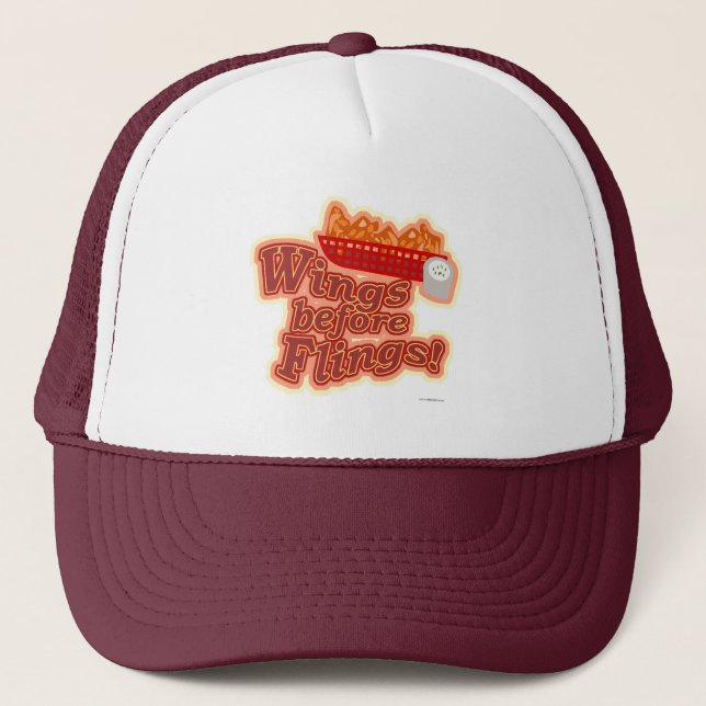 Chicken Motto Wings before Flings Trucker Hat (Front)