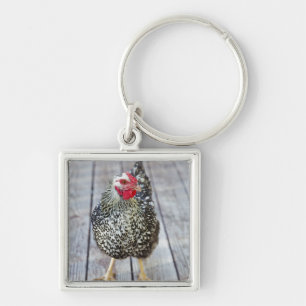 Chicken on wood deck, Silver Laced Wyandotte Key Ring