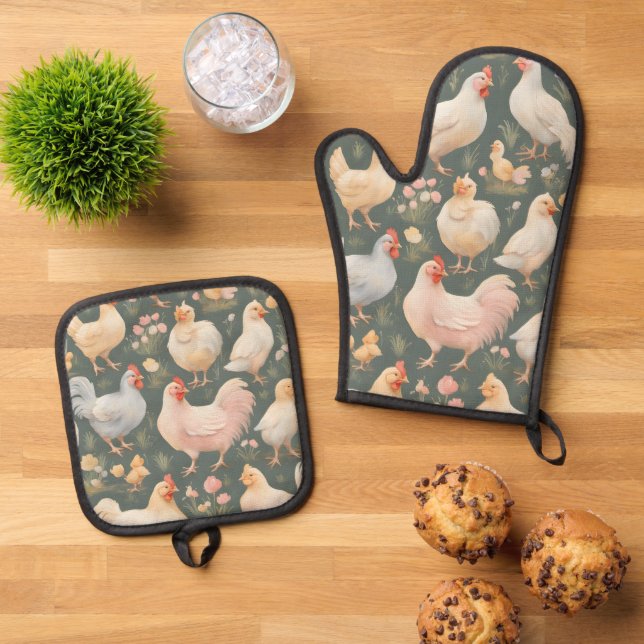 Chicken Pattern Oven Mitt & Pot Holder Set (Top Down)
