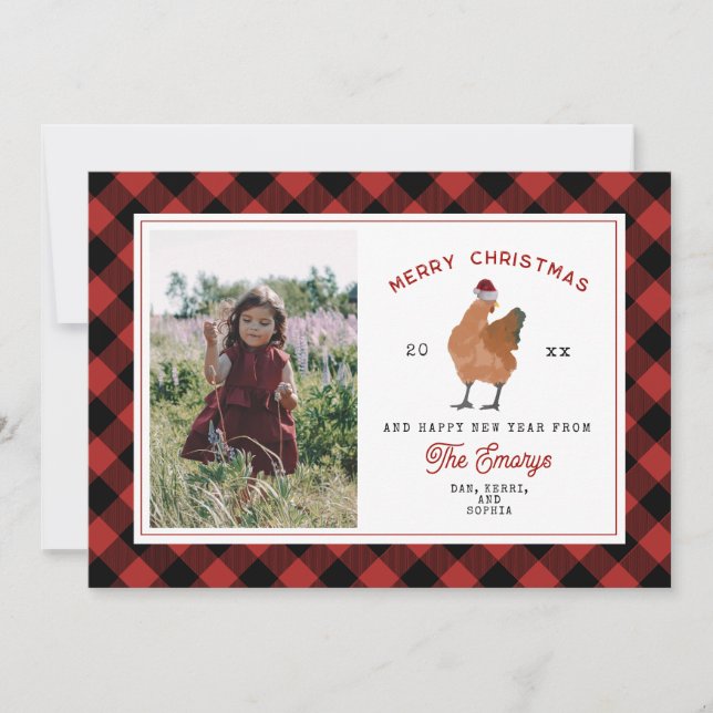 Chicken Red & Green Plaid Christmas Photo Holiday Card (Front)